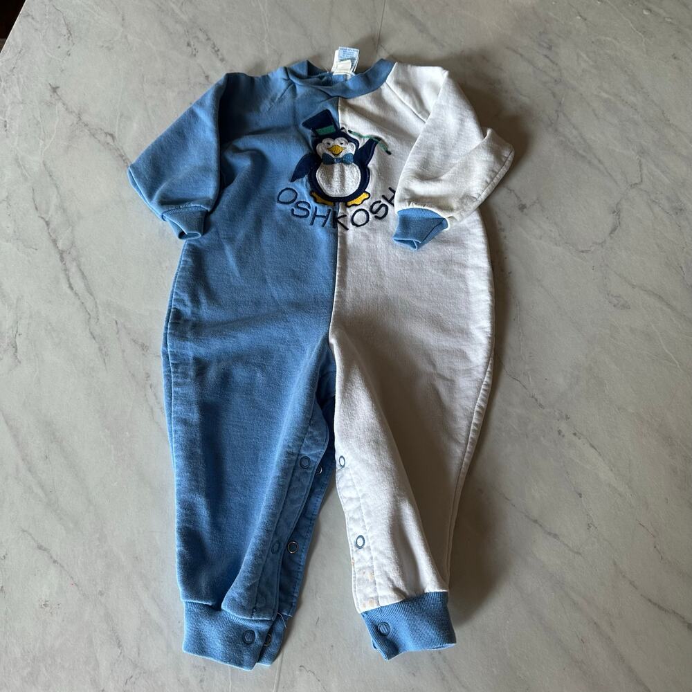 Vintage Baby B'gosh oshkosh penguin romper 24 months color block blue white boys